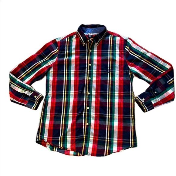 Chaps Men’s Medium Classic Navy Red Green Plaid Long Sleeve Button Down Shirt - Picture 1 of 9